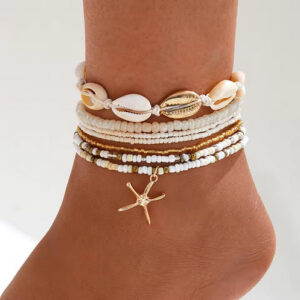 "7-Piece Bohemian Rice Beads & Starfish Pendant Anklet Set | Multilayer Sea Shell Ankle Bracelets for Women | Summer Beach Foot Jewelry"