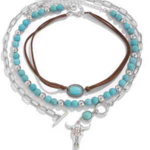 Boho Bullhead Green Turquoise Pendant with Collar Necklace for Women | Multi-Layered Beaded Vacation & Beach Jewelry