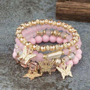 4Pcs Boho Butterfly Beaded Bracelet Set – Pink Acrylic Elastic Bangles for Women