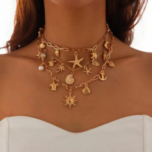 Boho Charm Necklace for Women | 14K Gold Shell Cross Pendant, Starfish & Ocean-Inspired Beach Jewelry