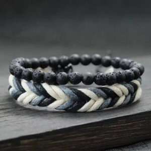 2Pcs Natural Coconut Husk Wood Bracelet Set – Lava Tiger Eye Stone Beaded Handmade Rope Bracelets for Men