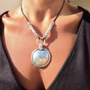 Bohemian Style Vintage Beaded Exaggerated Disc Necklace | Silver Color Metal Pendant on Leather Cord for Women