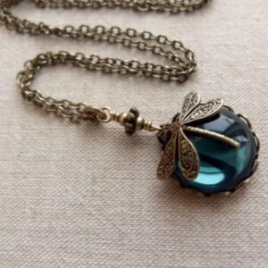 Vintage Bronze Hand Carved Dragonfly Pendant Necklace for Women | Ethnic Silver Metal Round Green Stone Jewelry