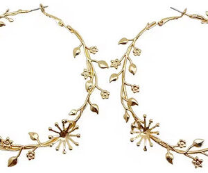 FTCY exaggerated large gold hoop earrings with leaf and flower designs on a neutral background