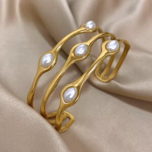 Vintage Layered Gold Plated Pearl Stainless Steel Bangle Bracelet – Bohemia Wide Open Cuff for Women & Men