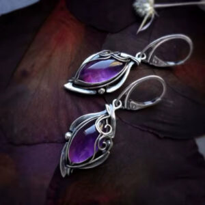 Gorgeous silver-colored metal oval flower geometry earrings with purple stone dangles for women