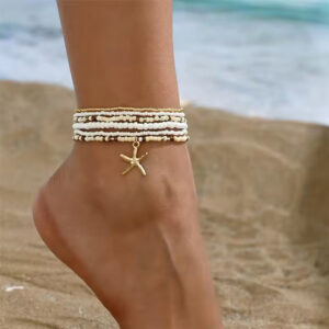 Bohemia Multilayer Rice Bead Anklet Set for Women | Fashion Starfish Pendant Anklets | Summer Sandy Beach Ankle Chain Jewelry