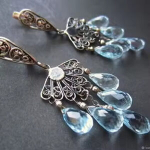 Exquisite Gold Color Waterdrop Sea Blue Stone Earrings | Ethnic Metal Carving Pattern Dangle Jewelry for Women