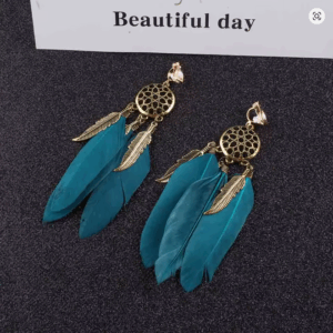 Vintage Boho Blue Feather Clip-On Earrings – No Piercing Needed