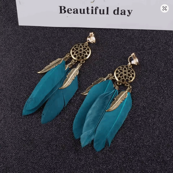 Vintage Boho Blue Feather Clip-On Earrings – No Piercing Needed