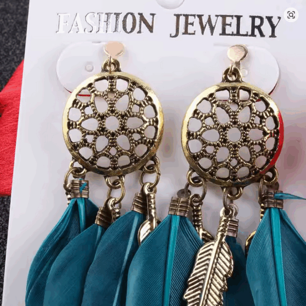 Vintage Boho Blue Feather Clip-On Earrings – No Piercing Needed - Image 2