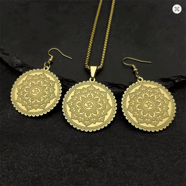 Mandala Lotus Pendant Jewelry Set – Yoga-Inspired Necklace + Earrings