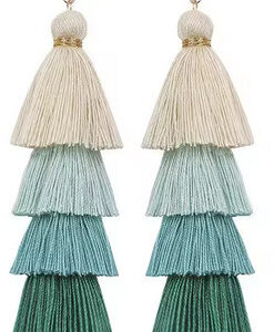 Bohemian 4-layered multicolor tassel earrings with ethnic long fringe design, displayed against a neutral background.