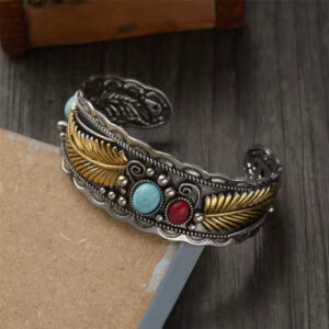 Bohemian Turquoise Feather Cuff Bracelet – Vintage Ethnic Stone Bangle for Men & Women