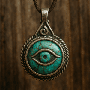 Nomad’s Third Eye Pendant, a silver pendant featuring a stylized eye design with intricate detailing