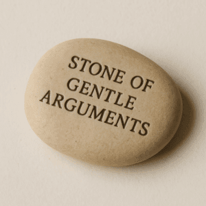 A smooth, polished stone with a gentle, earthy tone, known as the Stone of Gentle Arguments, photographed against a neutral background.