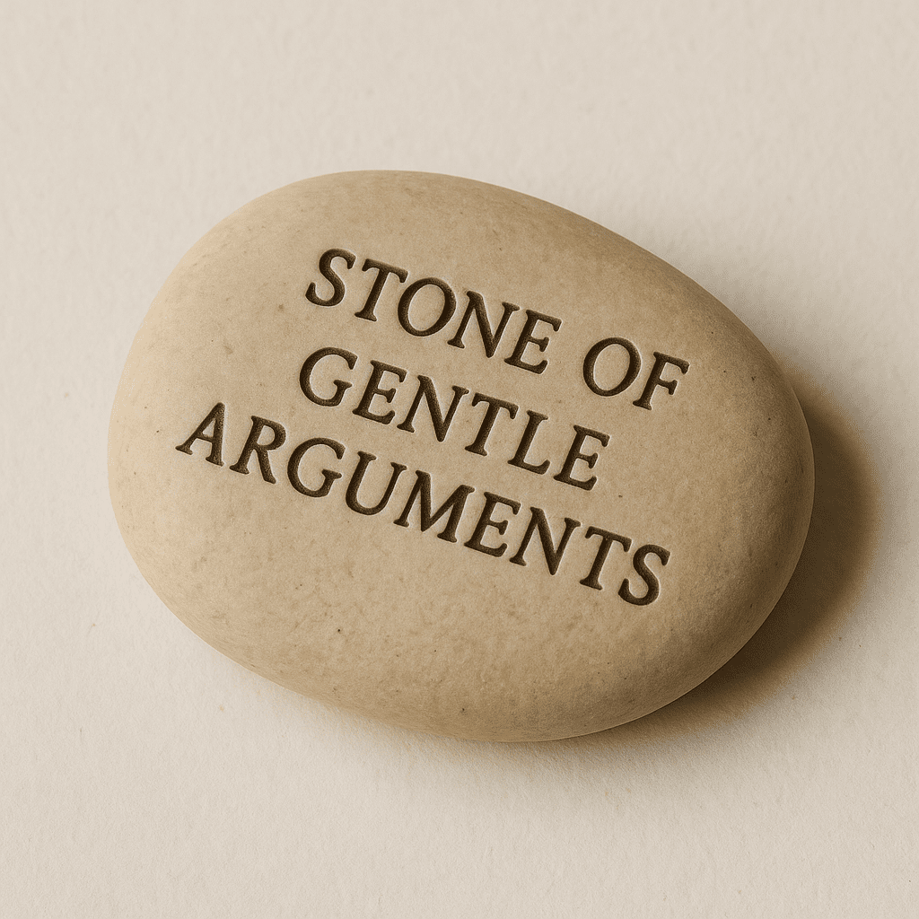 A smooth, polished stone with a gentle, earthy tone, known as the Stone of Gentle Arguments, photographed against a neutral background.