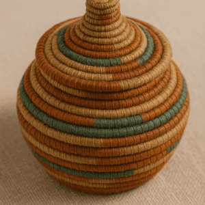 Nomadic Basket of Echoes, a woven artisan basket with intricate patterns, displayed against a neutral background.