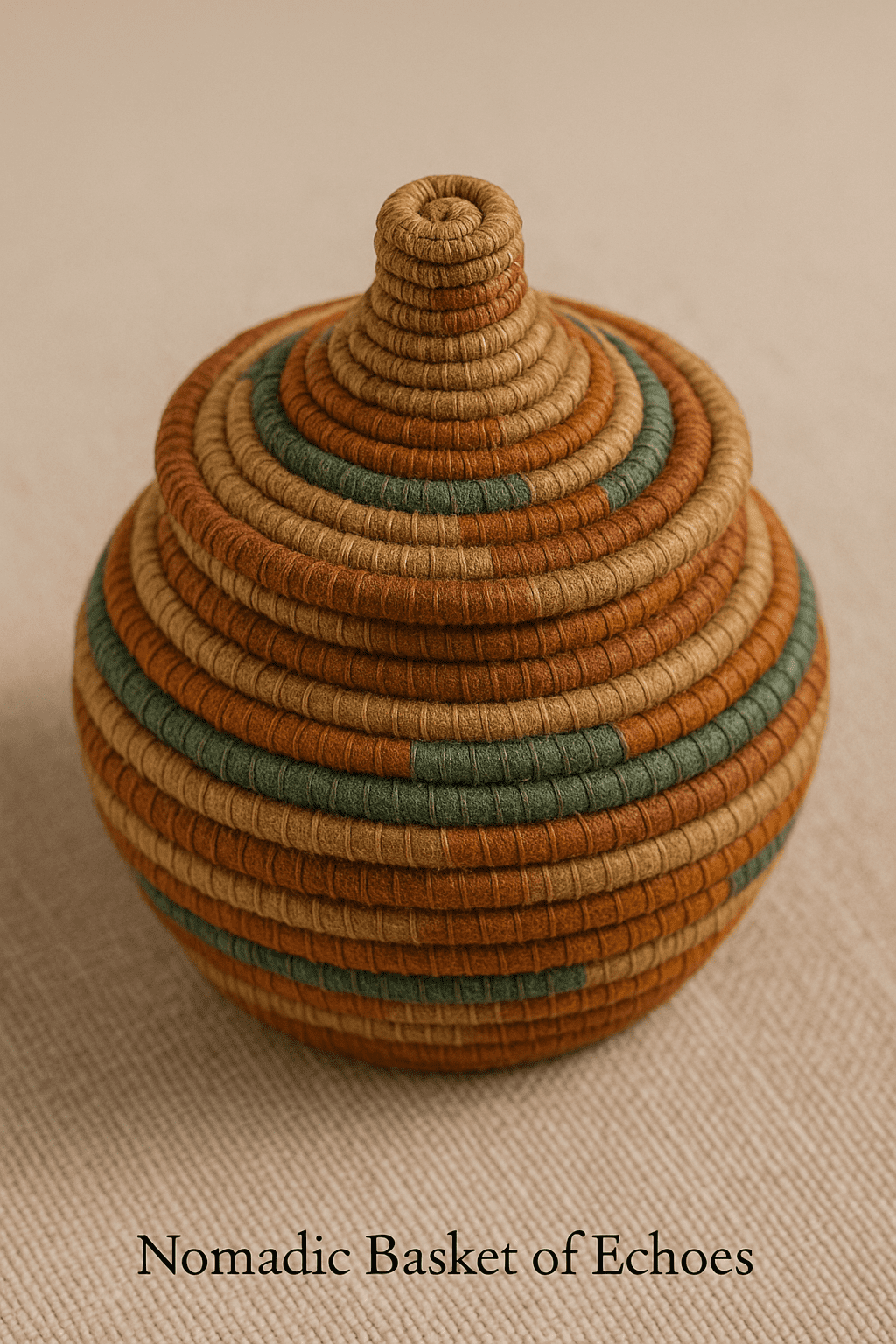 Nomadic Basket of Echoes, a woven artisan basket with intricate patterns, displayed against a neutral background.