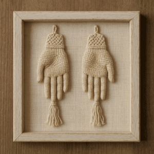 Close-up image of the 'Loomed Hands of Mercy' artwork showing intricately woven hands made from threads against a neutral background.