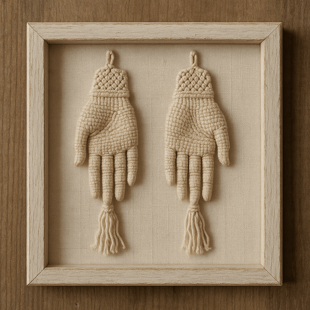 Close-up image of the 'Loomed Hands of Mercy' artwork showing intricately woven hands made from threads against a neutral background.