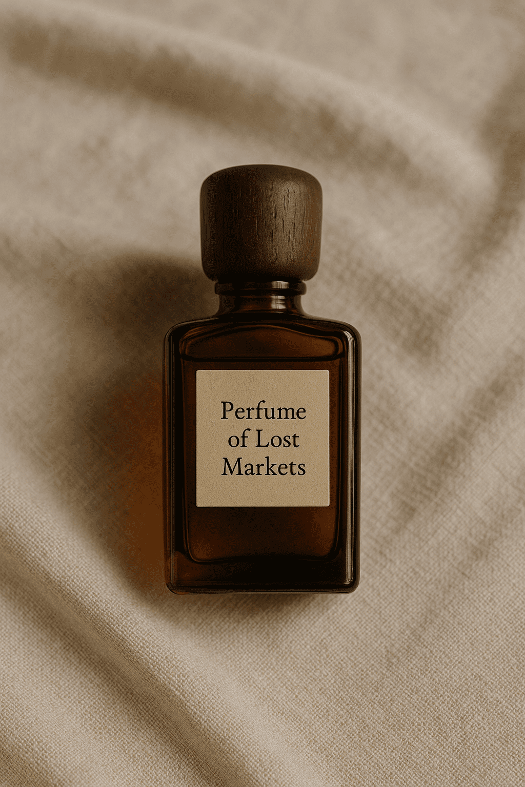 Clear photo of a perfume bottle labeled 'Perfume of Lost Markets' against a neutral background.