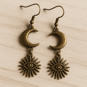 A pair of Crescent Logic Earrings featuring a sleek crescent-shaped design in polished metal, displayed against a neutral background.