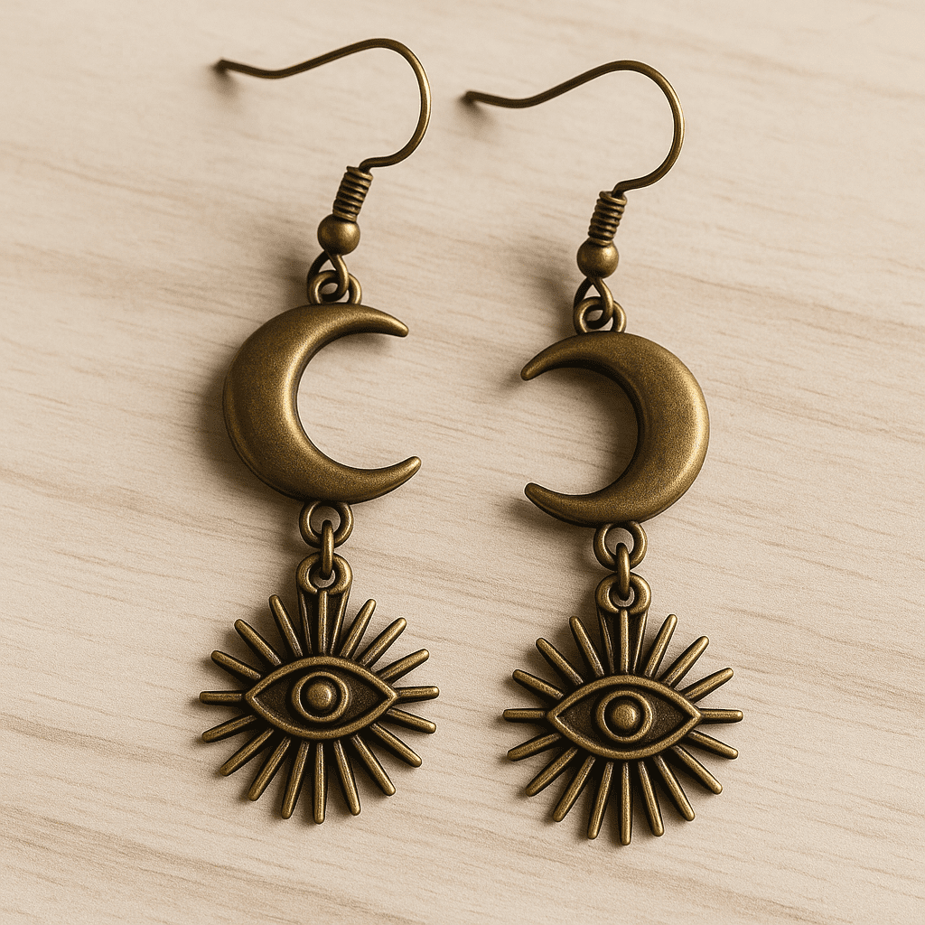 A pair of Crescent Logic Earrings featuring a sleek crescent-shaped design in polished metal, displayed against a neutral background.