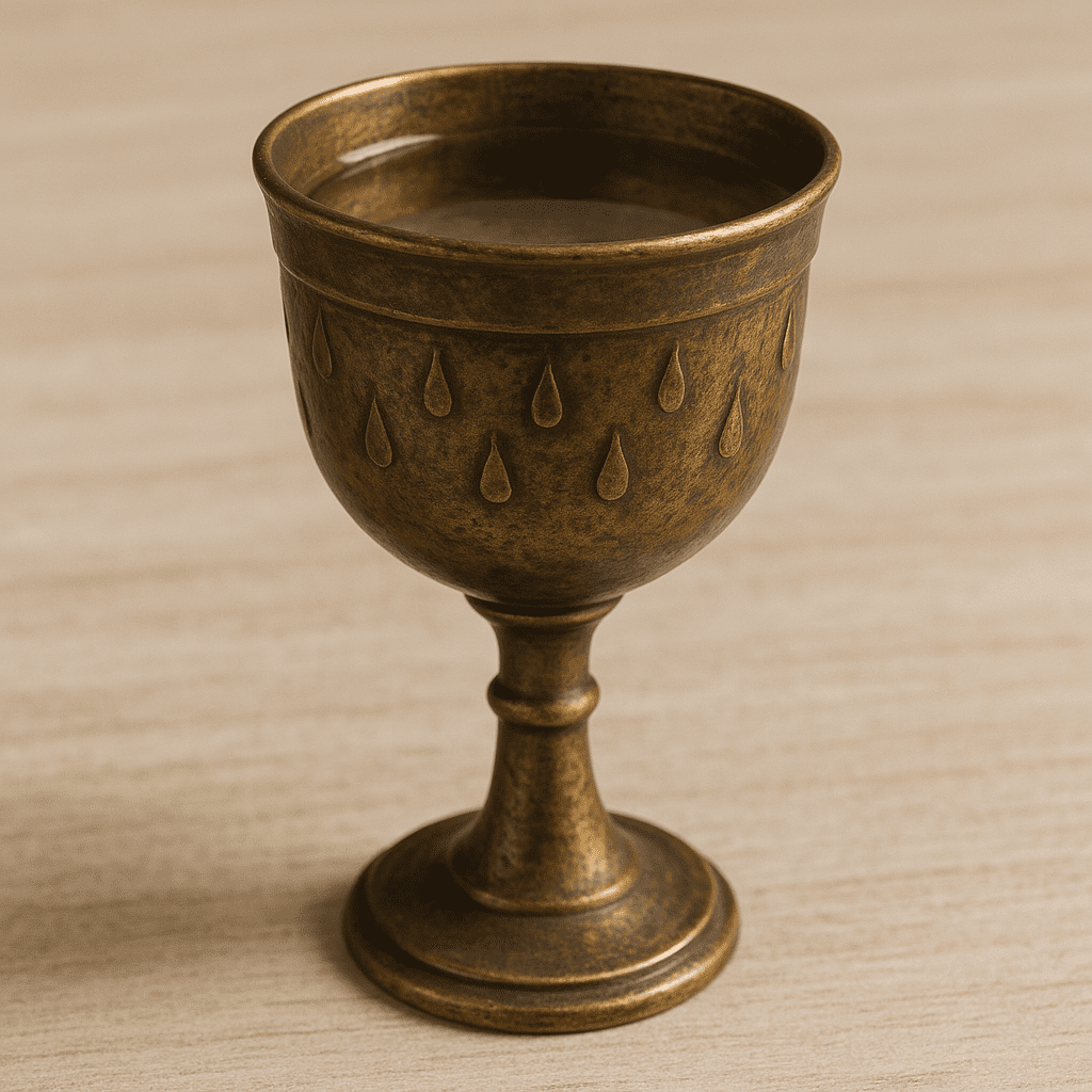 A clear photo of the Chalice of Rain Memory, a beautifully crafted ornate chalice with intricate engravings and a subtle blue tint, placed against a neutral background.