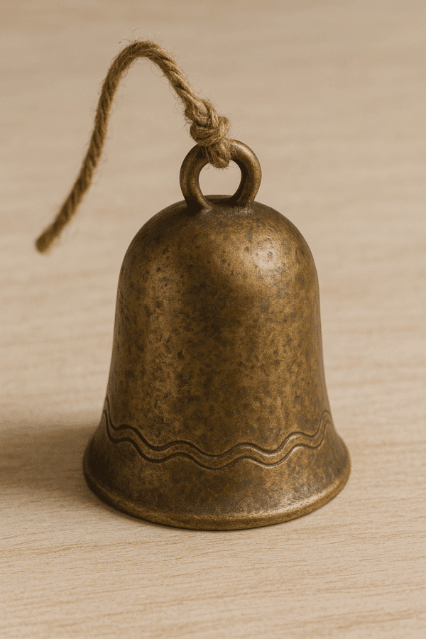 A Caravan Bell of Absence, a small, ornate bell with a weathered metallic finish and intricate engravings, photographed against a neutral background.
