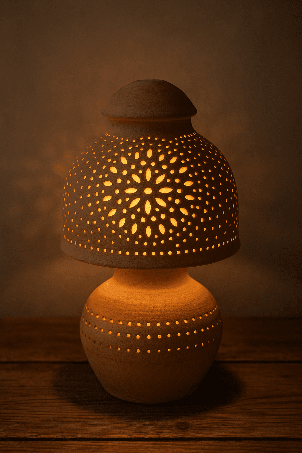 Dreamglow Terracotta Lamp with warm light glowing inside